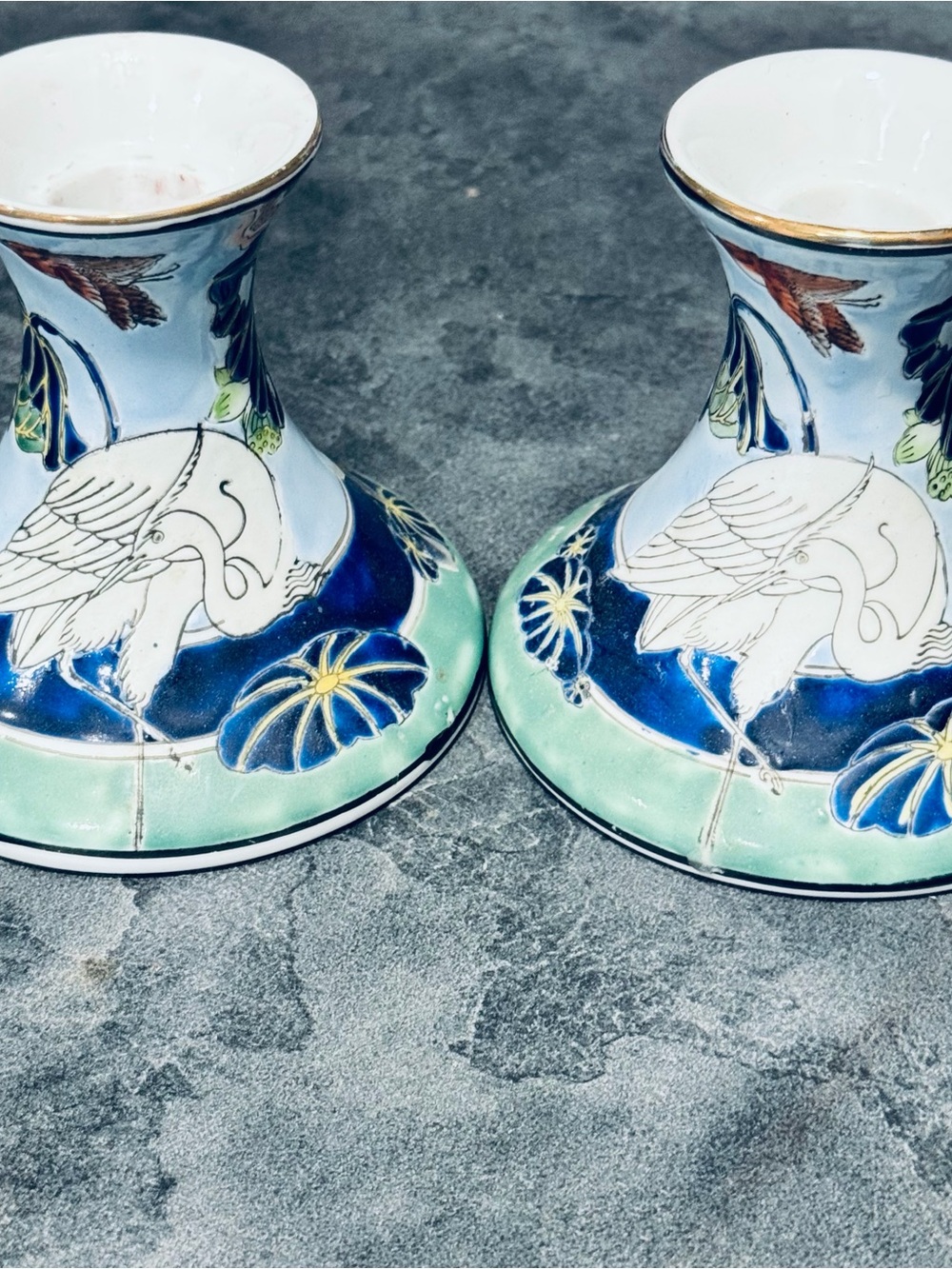 "Teal Lotus & Crane" Chinoiserie style Pair of Asian Candle Stick Holders
